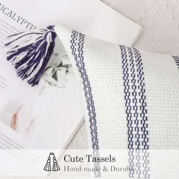 Smile Bee Spring Boho Outdoor Throw Pillow Covers Set of 2, Decorative Woven Striped Pillow Covers with Tassels for Couch Bed Sofa, 18x18 Inch, Navy Blue and Cream White