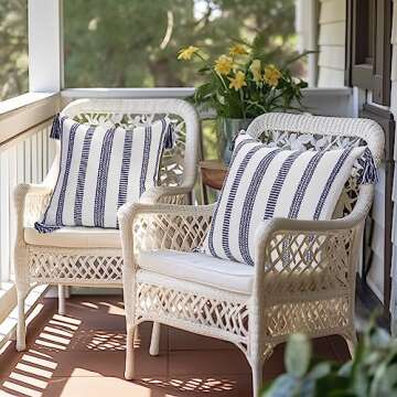 Smile Bee Spring Boho Outdoor Throw Pillow Covers Set of 2, Decorative Woven Striped Pillow Covers with Tassels for Couch Bed Sofa, 18x18 Inch, Navy Blue and Cream White