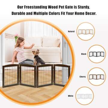 LZRS 4-Panel Extra-Wide Wooden Freestanding Dog Gate: Foldable Solid Wood and Steel Wire Chew Resist...