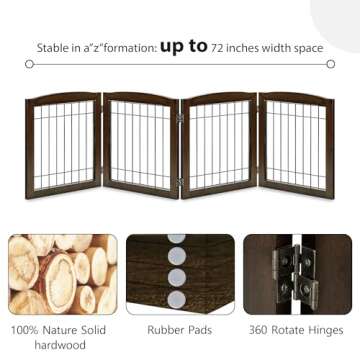 LZRS 4-Panel Extra-Wide Wooden Freestanding Dog Gate: Foldable Solid Wood and Steel Wire Chew Resistant Safety Barrier for Doorways, Stairs, and Large Open Spaces Indoor Use, Walnut