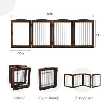 LZRS 4-Panel Extra-Wide Wooden Freestanding Dog Gate: Foldable Solid Wood and Steel Wire Chew Resistant Safety Barrier for Doorways, Stairs, and Large Open Spaces Indoor Use, Walnut