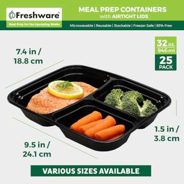 Freshware Meal Prep Containers [25 Pack] 3 Compartment with Lids, Food Storage Containers, Bento Box, Stackable, Microwave/Dishwasher Safe (32 oz)