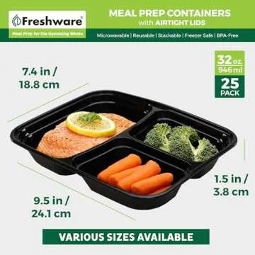 Freshware Meal Prep Containers [25 Pack] 3 Compartment with Lids, Food Storage Containers, Bento Box, Stackable, Microwave/Dishwasher Safe (32 oz)