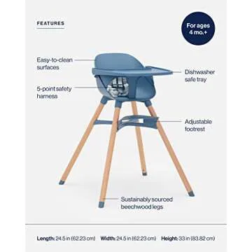Lalo The Chair Convertible 3-in-1 High Chair - Wooden High Chair for Babies & Toddlers, Baby High Chair with Dishwasher Safe Tray, Adjustable Footrest, Blueberry