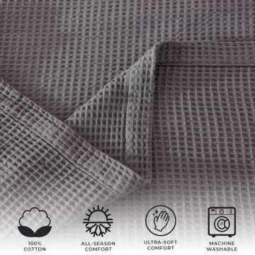 100% Cotton Blanket for King Size Bed - Grey Waffle Weave Lightweight Summer Bed Blanket - 102x90in Prewashed Breathable, Woven, Layering Blanket (King, Dark Grey)