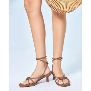 Coutgo Womens Strappy Heels Sandals Thong Gladiator Square Open Toe Low Kitten Heeled Criss Cross Ankle Strap Summer Dress Wedding Shoes, Coffee, 7