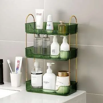 Weidace Bathroom Counter Organizer Countertop Shelf, Skincare Organizer Perfume Holder for Dresser, Bathroom Countertop Tray for Cosmetic, Skin Care, Lipstick (3 Tiers, Green)