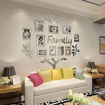 Vaabee Family Tree Wall Decor Acrylic 3D DIY Mirror Stickers Picture Frame Collage Home Decorations for Living Room Bedroom Dinning Office New House Gifts Silver Set Large 47x47 Inch