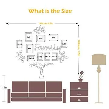 Vaabee Family Tree Wall Decor Acrylic 3D DIY Mirror Stickers Picture Frame Collage Home Decorations for Living Room Bedroom Dinning Office New House Gifts Silver Set Large 47x47 Inch