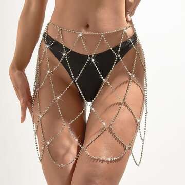 Newfancy Women Sparkle Rhinestone Skirt Body Chain Fringe Waist Belt Jewelry Sexy Bikini Cover Up for Rave Beach Dance Party Nightclub, Silver, One Size