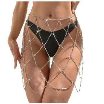Newfancy Women Sparkle Rhinestone Skirt Body Chain Fringe Waist Belt Jewelry Sexy Bikini Cover Up for Rave Beach Dance Party Nightclub, Silver, One Size