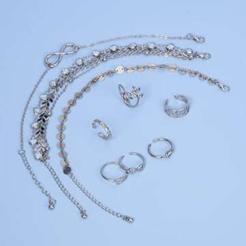 JFORYOU Toe Ring and Anklet Set For Women Open Adjustable Toe Rings Layered Bracelets Anklets Flower Arrow Leaf Band Ring Anklet Beach Foot Jewelry 9 Pcs Sliver