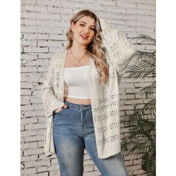 IN'VOLAND Womens Plus Size Crochet Cardigan Sweater Kimonos Boho Solid Color Oversized Summer Open Front Outwear 16W