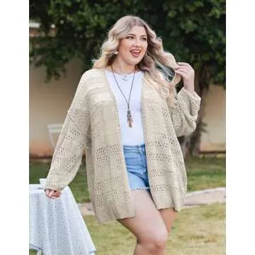 IN'VOLAND Womens Plus Size Crochet Cardigan Sweater Kimonos Boho Solid Color Oversized Summer Open Front Outwear 16W