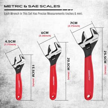 Adjustable Wrench Set Pipe Spanner: 6" 8" 10" Wide Jaw Black Oxide Wrench With Cushion Grip, Laser Marked Metric & SAE Scales, CR-V Steel for Professional