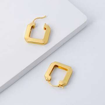 MUYAN Gold Plated Square Hoop Earrings for Women,Geometric Polished Huggie Earrings Minimalist Lightweight Jewelry