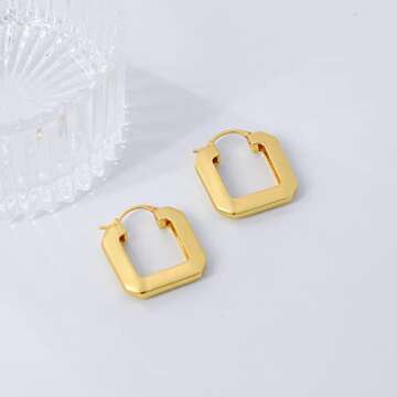 MUYAN Gold Plated Square Hoop Earrings for Women,Geometric Polished Huggie Earrings Minimalist Lightweight Jewelry