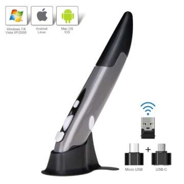 lychee Wireless Optical Pocket Pen Mouse, 2.4GHZ USB Wireless Optical Pen Mouse 800/1200/1600 DPI Adjustable Handwriting Mini Air Mouse Mice for PC Laptop Notebook Computer Mac (Grey)