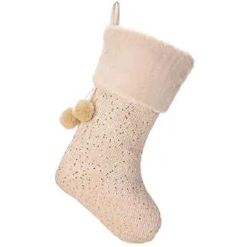 iPEGTOP 18" Luxury Wool Christmas Stocking, Champagne Gold Wool Knit with Shiny Sequin Faux Fur Cuff Yarn Balls Santa Stockings Christmas Decorations, 2 Pack