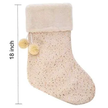 iPEGTOP 18" Luxury Wool Christmas Stocking, Champagne Gold Wool Knit with Shiny Sequin Faux Fur Cuff Yarn Balls Santa Stockings Christmas Decorations, 2 Pack