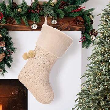 iPEGTOP 18" Luxury Wool Christmas Stocking, Champagne Gold Wool Knit with Shiny Sequin Faux Fur Cuff Yarn Balls Santa Stockings Christmas Decorations, 2 Pack