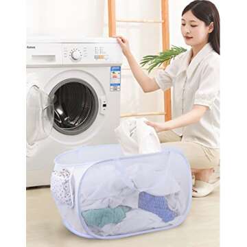 foldable laundry basket, Pop Up Laundry Hamper, Collapsible Mesh dirty clothes hamper (Tear Proof, with Strong Handles) (White）
