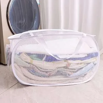foldable laundry basket, Pop Up Laundry Hamper, Collapsible Mesh dirty clothes hamper (Tear Proof, with Strong Handles) (White）