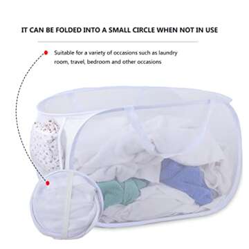 foldable laundry basket, Pop Up Laundry Hamper, Collapsible Mesh dirty clothes hamper (Tear Proof, with Strong Handles) (White）