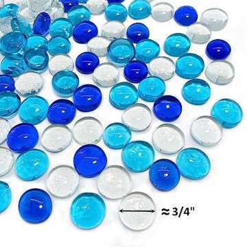 CYS EXCEL Blue Mix Glass Gemstone Beads Vase Fillers (1 LB) Flat Marble Beads Multiple Color Choices Aquarium Decor Rocks Floral Stones Decorative Mosaic Gem Pebbles (Approx. 85-100 PCS)