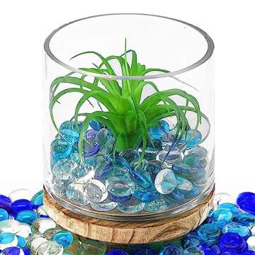 CYS EXCEL Blue Mix Glass Gemstone Beads Vase Fillers (1 LB) Flat Marble Beads Multiple Color Choices Aquarium Decor Rocks Floral Stones Decorative Mosaic Gem Pebbles (Approx. 85-100 PCS)