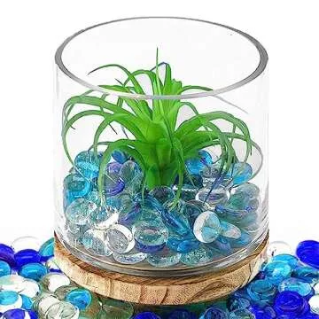 CYS EXCEL Blue Mix Glass Gemstone Beads Vase Fillers (1 LB) Flat Marble Beads Multiple Color Choices Aquarium Decor Rocks Floral Stones Decorative Mosaic Gem Pebbles (Approx. 85-100 PCS)