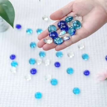 CYS EXCEL Blue Mix Glass Gemstone Beads Vase Fillers (1 LB) Flat Marble Beads Multiple Color Choices Aquarium Decor Rocks Floral Stones Decorative Mosaic Gem Pebbles (Approx. 85-100 PCS)