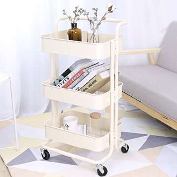3-Tier Metal Mesh Storage Shelf Utility Rolling Cart with Removable Handle and Plug, Indoor or Outdoor Storage Organizer, Beige