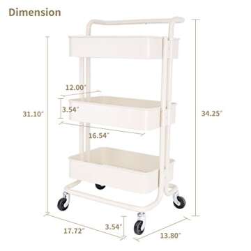 3-Tier Metal Mesh Storage Shelf Utility Rolling Cart with Removable Handle and Plug, Indoor or Outdoor Storage Organizer, Beige