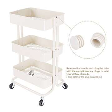 3-Tier Metal Mesh Storage Shelf Utility Rolling Cart with Removable Handle and Plug, Indoor or Outdoor Storage Organizer, Beige