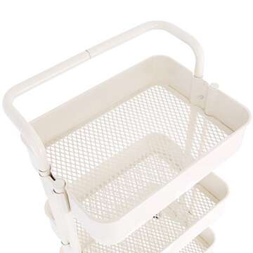 3-Tier Metal Mesh Storage Shelf Utility Rolling Cart with Removable Handle and Plug, Indoor or Outdoor Storage Organizer, Beige