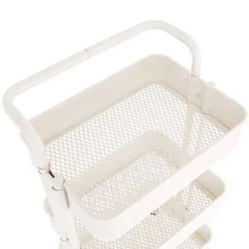 3-Tier Metal Mesh Storage Shelf Utility Rolling Cart with Removable Handle and Plug, Indoor or Outdoor Storage Organizer, Beige