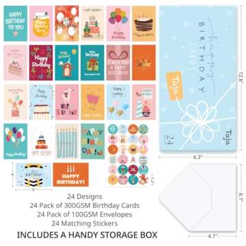 Taja Happy Birthday Cards Bulk, 24 Pack, 4x6 Inches Assorted Blank Birthday Cards with Envelopes & B...