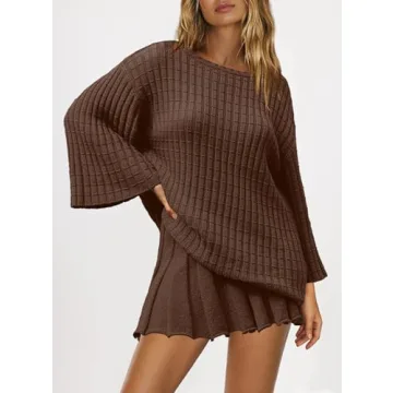 SENSERISE Womens Sweater Skirt Set 2 Piece Outfits Long Sleeve Pullover Top Ribbed Knit Lounge Dresses(Coffee,XL)