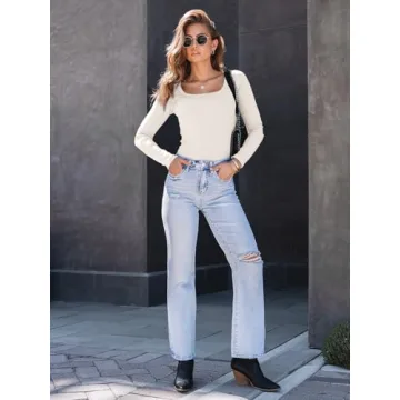 AUTOMET Stylish Long Sleeve Square Neck Tops for Women