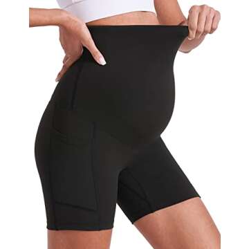 Enerful Women's Maternity Biker Shorts Over The Belly Comfy Yoga Workout Active Pregnancy Support Shorts with Pockets 5" Black Small