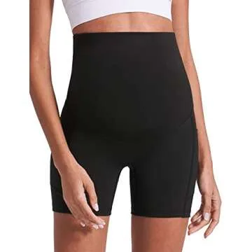 Enerful Women's Maternity Biker Shorts Over The Belly Comfy Yoga Workout Active Pregnancy Support Shorts with Pockets 5" Black Small