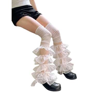 Sujhwsx Women Ruffle Lace Leg Warmers Y2k Flared Boot Cuffs Covers Long Thigh Highs Socks 90s Harajuku Streetwear (A-White, One Size)