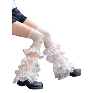 Sujhwsx Women Ruffle Lace Leg Warmers Y2k Flared Boot Cuffs Covers Long Thigh Highs Socks 90s Harajuku Streetwear (A-White, One Size)