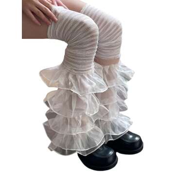 Sujhwsx Women Ruffle Lace Leg Warmers Y2k Flared Boot Cuffs Covers Long Thigh Highs Socks 90s Harajuku Streetwear (A-White, One Size)
