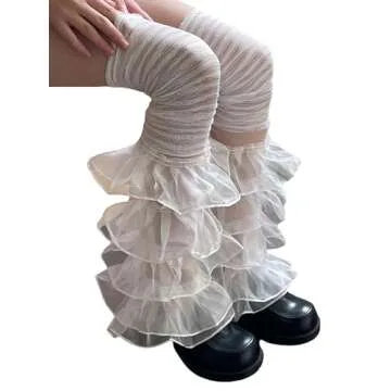 Sujhwsx Women Ruffle Lace Leg Warmers Y2k Flared Boot Cuffs Covers Long Thigh Highs Socks 90s Harajuku Streetwear (A-White, One Size)