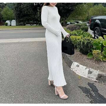 Women Ribbed Knit Long Sleeve Maxi Dress Slim Fit Solid Color Bodycon Pencil Long Dress Casual Fall ...