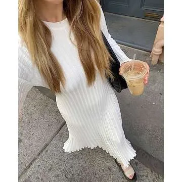 Women Ribbed Knit Long Sleeve Maxi Dress Slim Fit Solid Color Bodycon Pencil Long Dress Casual Fall Winter Clothes (A- White, S)