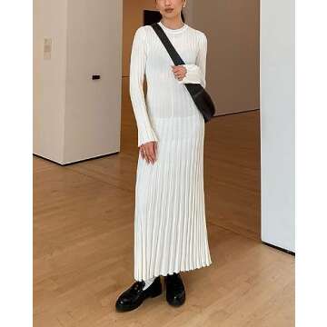Women Ribbed Knit Long Sleeve Maxi Dress Slim Fit Solid Color Bodycon Pencil Long Dress Casual Fall Winter Clothes (A- White, S)