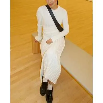 Women Ribbed Knit Long Sleeve Maxi Dress Slim Fit Solid Color Bodycon Pencil Long Dress Casual Fall Winter Clothes (A- White, S)
